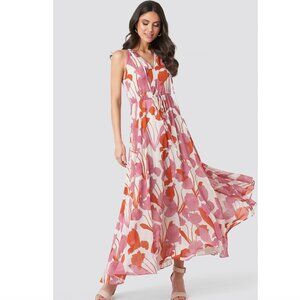 Mango Luzia Dress Sun Long Maxi Sleeveless Spaghetti 4 White Pink Floral